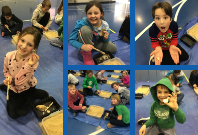  several photos of students sifting through pans of sand, finding fossils